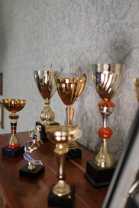 Photographs of trophies on a table.