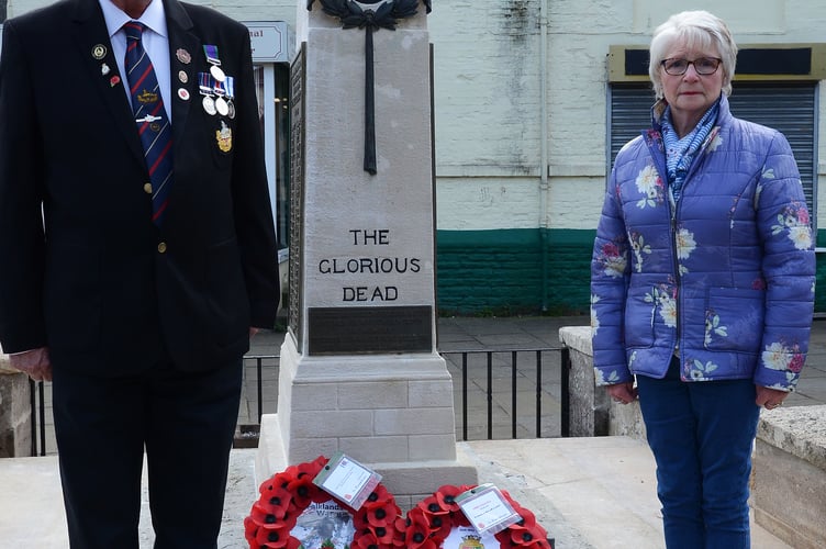 Midsomer Norton and Radstock Royal British Legion member, Chris Copeland and Pattie Nicol lay a wreath at the Cenotaph in Midsomer Norton on Saturday morning.