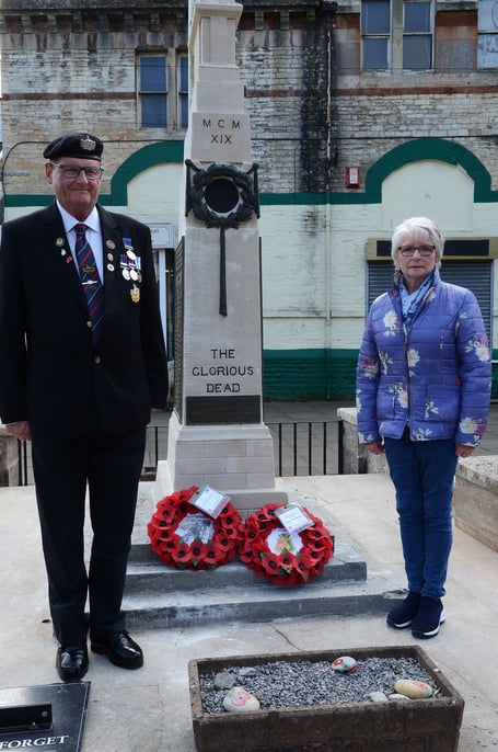 Midsomer Norton and Radstock Royal British Legion member, Chris Copeland and Pattie Nicol lay a wreath at the Cenotaph in Midsomer Norton on Saturday morning.