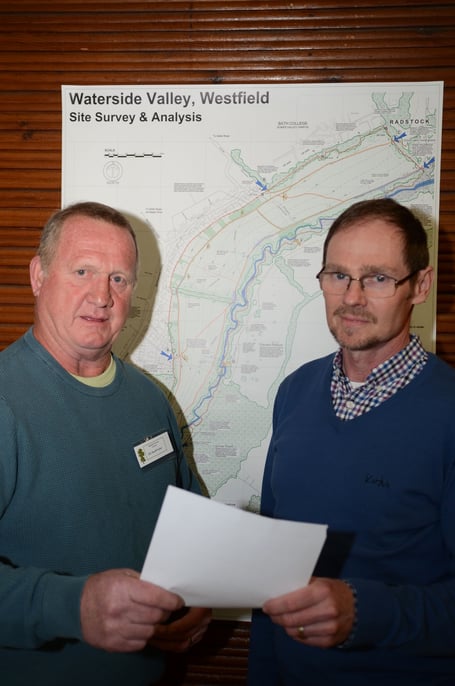 Chair of the Westfield Council Geoff Fuller (left) with  Andy King of New Leaf Studio, landscape architect, discussing the proposed Waterside Valley Project to the meeting.