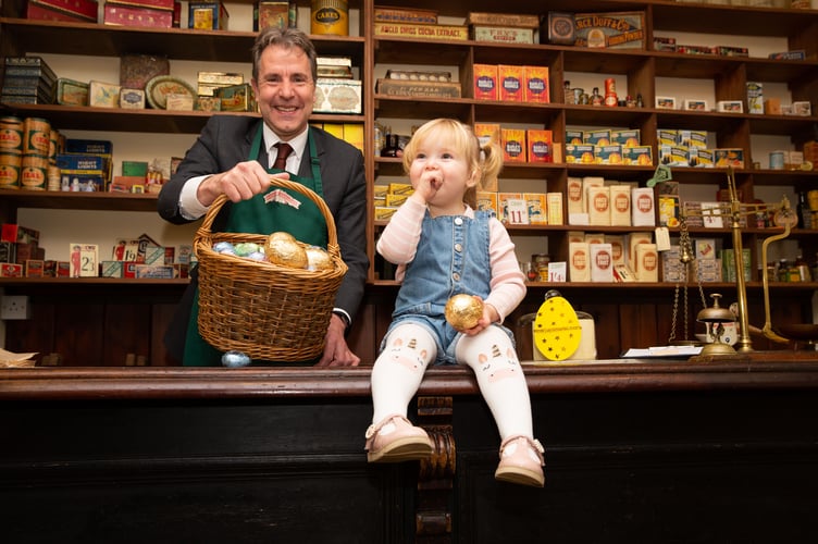 West of England Combined Authority Mayor Dan Norris visits sites in the area. Launching the Easter Egg hunt with the help of Ivy (2) at Radstock Museum. March 2022.