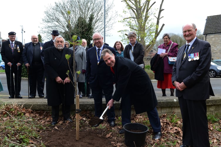Above: West of England Metro Mayor, Dan Norris, plants a Rowan tree watched by Rev James Balliston-Thicke, Martin Feeney (Chairman of MSN and Radstock RBL) and Major Robert McDonald, Somerset County Chairman, RBL.