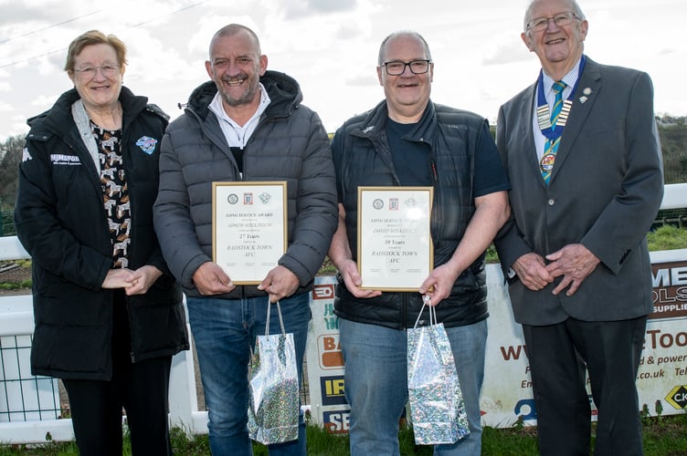 Director Sue Merrill presents Chairman Simon Wilkinson and Dave Wilkinson their long service awards, with Toolstation League President, Brian Beer pictured to the right hand side.