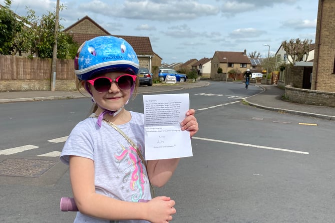7-year-old Chloe Purnell wrote a letter to all residents in her estate to ask them to join her in signing a petition to get 20mph speed limit in Midsomer Norton. 