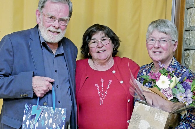 Peter Buchanan, retiring chairman of Timsbury’s Conygre Trust with his wife Geraldine (right) and Josie Pownall, chairman of Timsbury Parish Council.