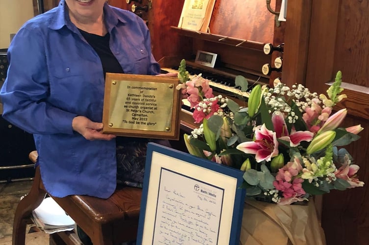 Kathleen Dando has been the organist at St Peter’s Church, Camerton, for sixty five years. 
