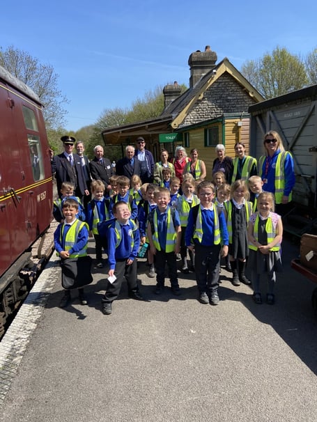 Roger, Steve, Colin, John and Matt with Welton school pupils and teachers at Midsomer Norton Station.