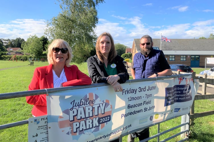 Party in the Park Organiser and Co-Founder, Cllr Karen Walker, with Curo Communications Director, Rebecca FitzGerald, and Peasedown Community Trust Chairman, Gavin Heathcote.
