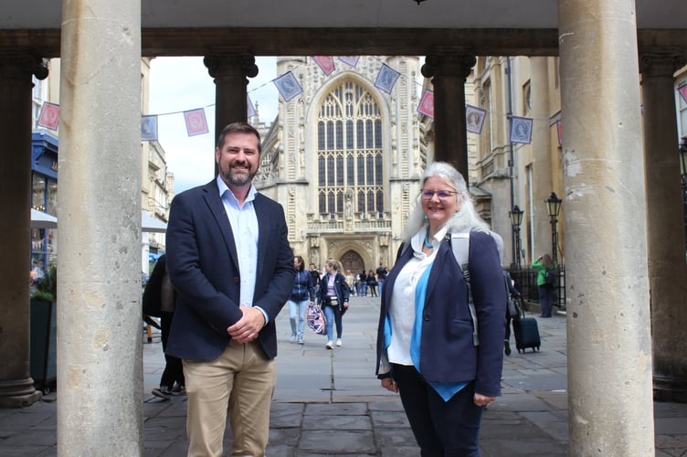 Councillor Kevin Guy and Allison Herbert, Chief Executive of Bath BID, ready for the Jubilee weekend. 