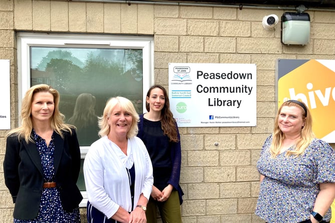 Outside Peasedown Community Library (l to r) Samantha Lucas (Bath Mind Counselling Lead), Cllr Karen Walker (Library Operations Manager), Louise Turner (Bath Mind Counsellor) and Jeanette Sims (Bath Mind Director of Operations).