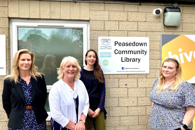 Outside Peasedown Community Library (l to r) Samantha Lucas (Bath Mind Counselling Lead), Cllr Karen Walker (Library Operations Manager), Louise Turner (Bath Mind Counsellor) and Jeanette Sims (Bath Mind Director of Operations).