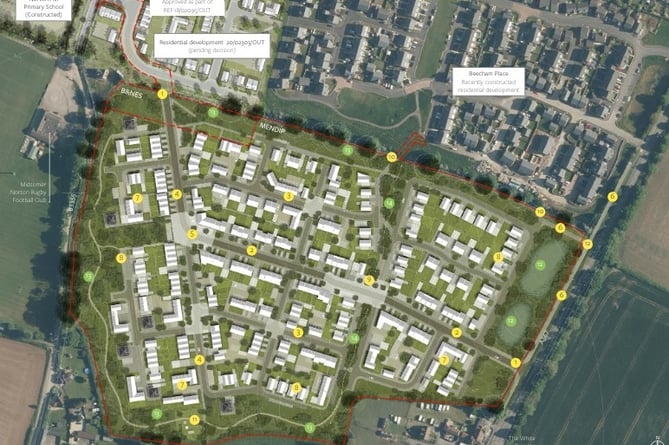 Masterplan for proposed development of 270 homes on the A367 Green Park Road, Midsomer Borton  showing related developments - Clifton Emery Design - 310821.jpg