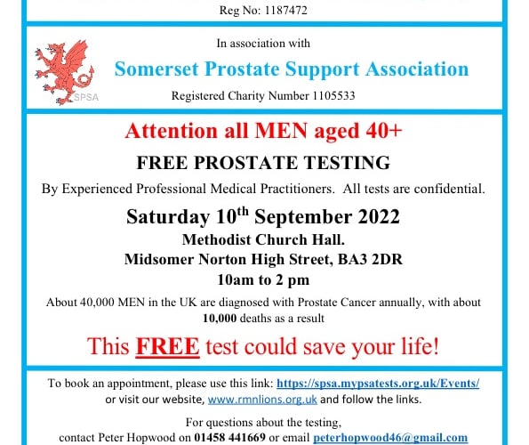 Midsomer Norton Lions have partnered with Prostate UK to bring free testing to Midsomer Norton. 