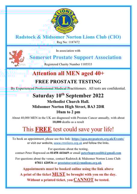 Midsomer Norton Lions have partnered with Prostate UK to bring free testing to Midsomer Norton. 