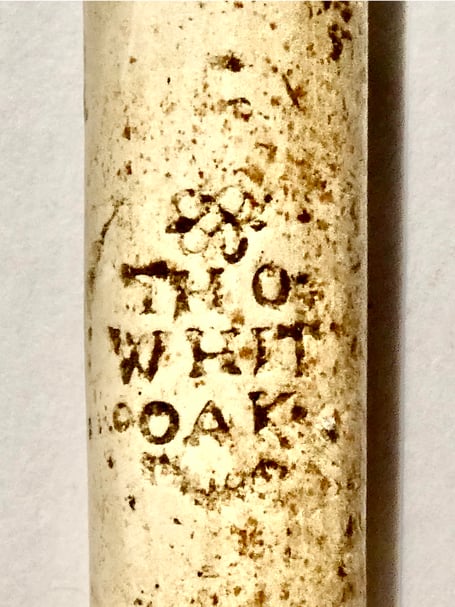 Stem of a locally made clay-pipe bearing the name of Thomas Whittock (spelled as Whitoak on this example). There are many dependents of Thomas Whitoak still living in the MSN and Radstock area today.