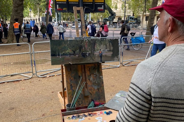Pictured Peter Brown, a painter has travelled to London from his Somerset home to capture the capital in mourning for The Queen. See SWNS story SWNJartist. Peter Brown, 55, has been in London since Friday, painting the crowds along The Mall, in the parks and queueing along the Thmaes to see Her Majesty lying in State. As an expert in painting street scenes he is able to convey the bustling atmosphere across the city. Mr Brown, from Bath, said: With street scenes it is amazing to spend time on each one, so its not like 'click' and done. I want to really capture the moment and for that you need to take time.