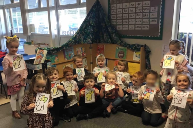 Children coloured pictures of Pudsey bear and wore spotty clothes for the occasion
