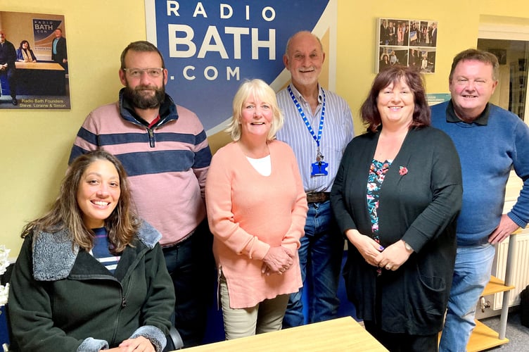 Party in the Park Festival Managers Gavin Heathcote and Karen Walker (centre) with Radio Bath’s Nikki Heal, Steve Fountain, Loraine Morgan-Brinkhurst MBE and Shaun Smith.