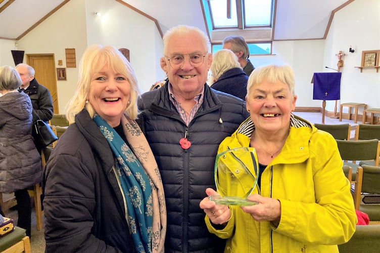 Cllr Karen Walker presents the 2022 Peasedown St John Community Civic Award to David and Maureen Byrne at St Joseph’s Catholic Church.