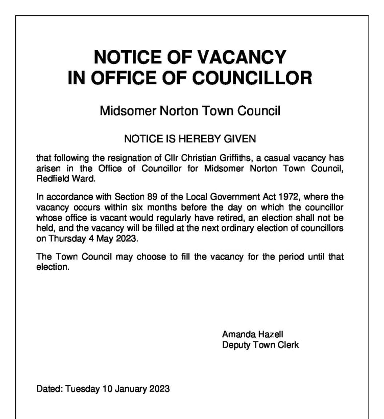 Midsomer Norton Town Council have officially announced Cllr Christian Griffiths' resignation.