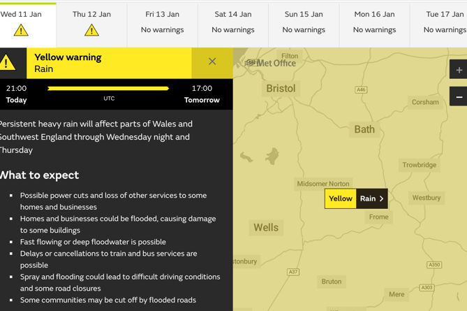 Yellow warning of persistent, heavy rain issued by the Met Office for today and tomorrow.