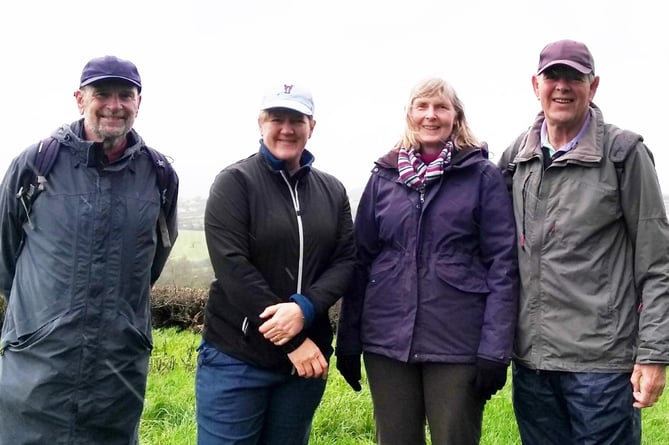 Larry, Clare, Sue and Peter at the start of their walk in the rain that fell relentlessly on the day of recording.