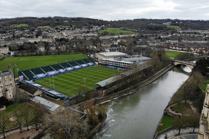 A general view of the Recreation Ground pitch from the air. Gallagher Premiership match, between Bath Rugby and Exeter Chiefs on March 6, 2021 at the Recreation Ground in Bath, England. Photo by: Patrick Khachfe / Onside Images
