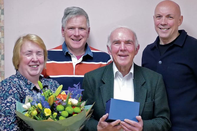 Chairman of the Conygre Trust, Martin Kendal (right) made presentations to (left to right) Claire Bramley, Mat Bramley and Malcolm Tucker at the AGM of the Conygre Trust, Timsbury.