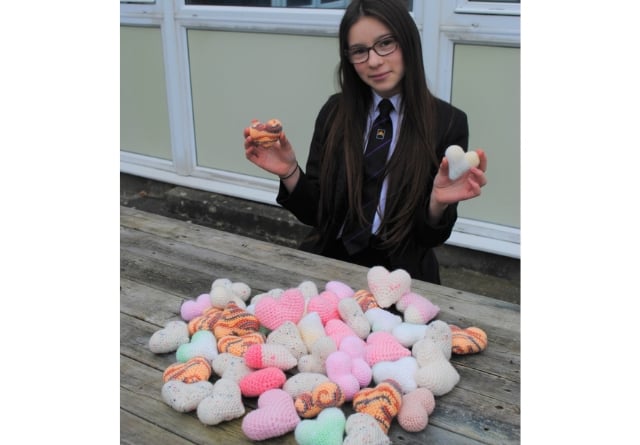 Ruby Harvey, Norton Hill School pupil, has been crocheting hearts for bereaved families at the RUH, Bath.