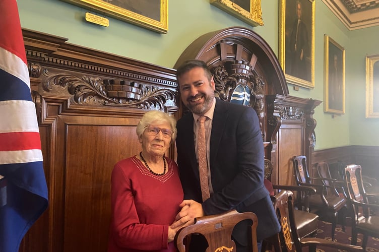 Marion Harrington, 90, with Bath and North East Somerset Council leader Kevin Guy, who she told: "We just need to keep that bus running".