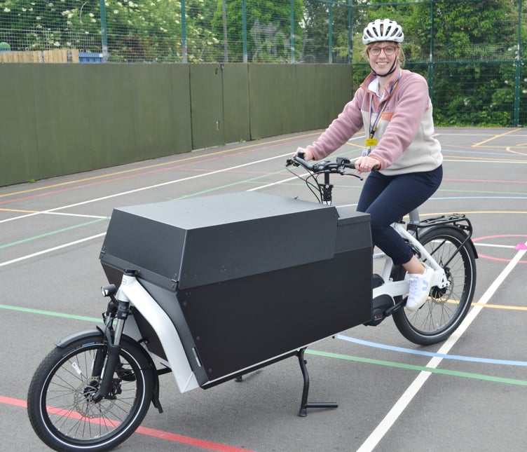 Annelore Hill-Verhaegen, a Specialist Occupational Therapist in the Children’s Therapies Team, on the new bike.