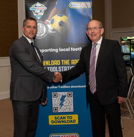 Greg Richardson, Head of Marketing at Toolstation on the right, shaking hands with Western League Chairman, John Pool. It was taken by John Newport at the Western League Convention on Saturday.