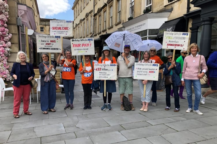 Protect Our NHS BANES at the bottom of Milsom Street for the 75th anniversary of the NHS.