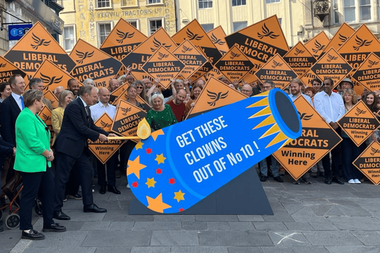 Wera Hobhouse celebrating the win in Frome alongside Liberal Democrat members, Sir Ed Davey MP and Richard Foord MP