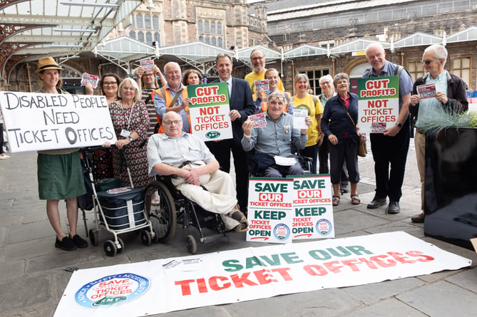 Metro Mayor Dan Norris meets campaigners at Bristol Temple Meads station to oppose the closure of ticket booths. July 2023.