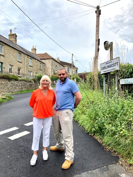 Cllrs Karen Walker and Gavin Heathcote in Carlingcott.