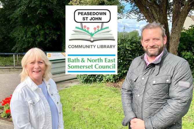 Cllr Karen Walker and Cllr Gavin Heathcote are encouraging more people to sign up as volunteers at Peasedown Community Library