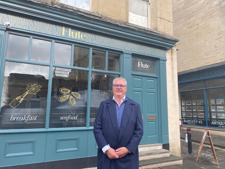Roger Payne outside his new seafood restaurant Flute on George Street in Bath