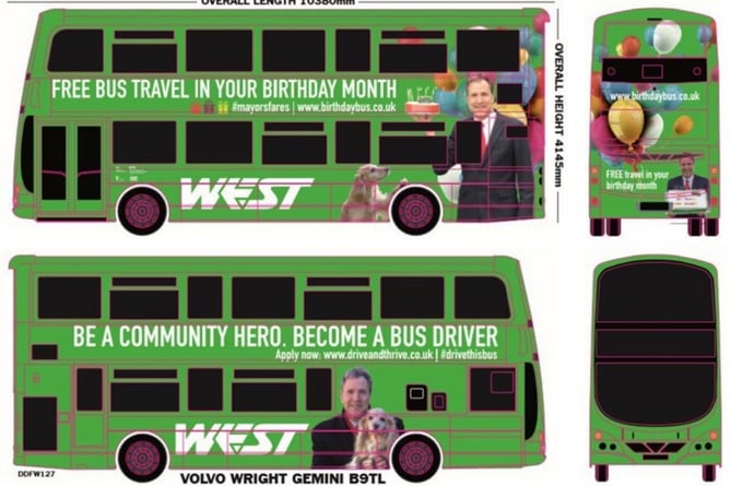 Images of the bus wrap featuring West of England metro mayor Dan Norris and his dog.