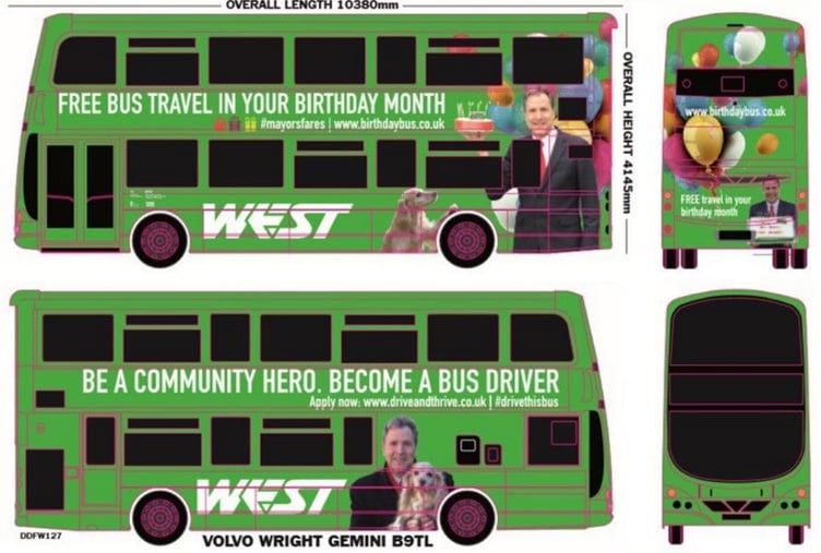 Images of the bus wrap featuring West of England metro mayor Dan Norris and his dog.