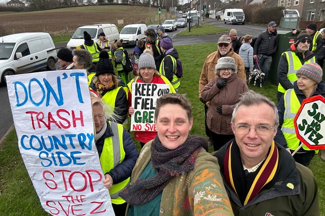 Cllr Sam Ross (centre) and Edmund Cannon, Green Party PPC for Northeast Somerset and Hanham (right) alongside residents at a recent protest against the SVEZ