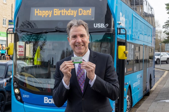 West of England metro mayor Dan Norris with his Birthday Bus pass in January 2024.
