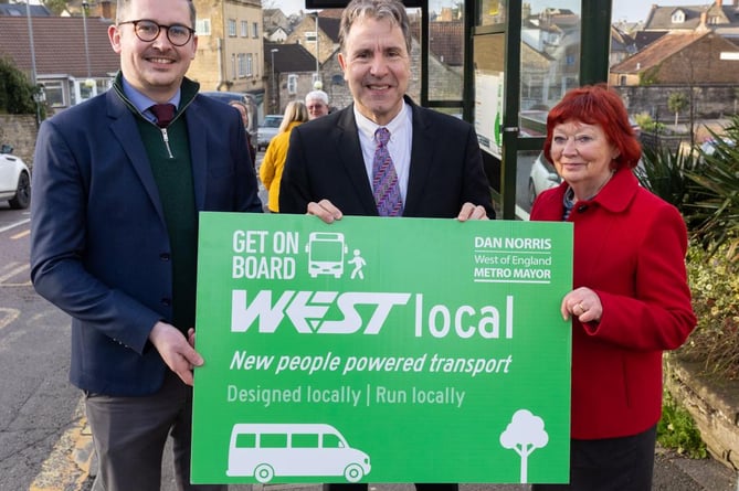 Councillors Grant Johnson and Liz Hardman with Metro Mayor Dan Norris at the launch of WESTlocal buses.