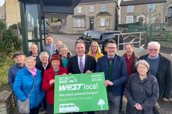 The announcement of the new bus in Paulton, with Liz Hardman (second from front left), Dan Norris (centre), Grant Johnson (fourth from front left) 