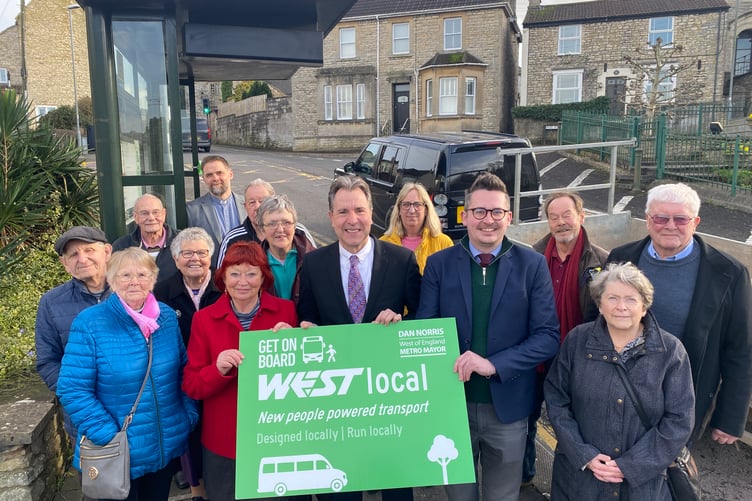 The announcement of the new bus in Paulton, with Liz Hardman (second from front left), Dan Norris (centre), Grant Johnson (fourth from front left)