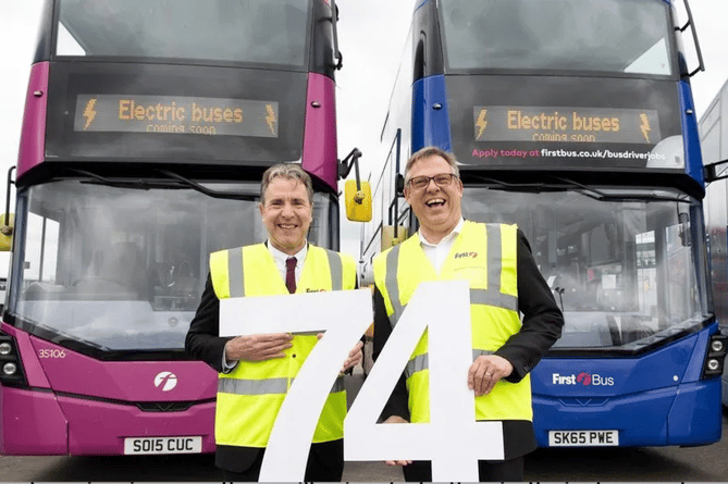 West of England Mayor Dan Norris (left) with First Bus regional managing director Doug Claringbold celebrating the new electric buses.