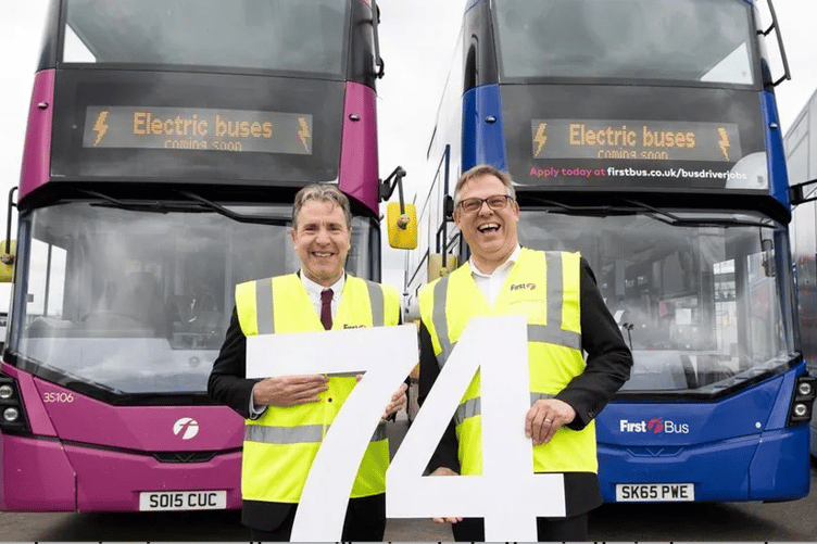 West of England Mayor Dan Norris (left) with First Bus regional managing director Doug Claringbold celebrating the new electric buses.