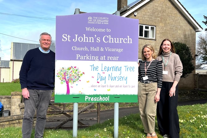 Revd Matthew Street with Jessica Baxter (Learning Tree Day Nursery Owner and Director) and Samantha Coakley (Learning Tree Day Nursery Area Manager) outside Peasedown’s brand-new pre-school in Church Road.
