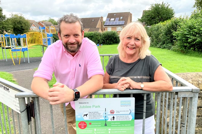 Prospective Independent MP for Frome and East Somerset, Cllr Gavin Heathcote (left) with Cllr Karen Walker (right) at the Jubilee Play Park in Peasedown St John.