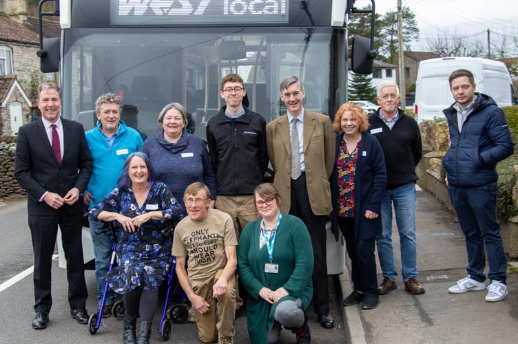 Back row L to R: Metro Mayor Dan Norris, David Harding CVST, Elaine Workman CVST, Callum Pringle (Transpora) Jacob Rees Mogg MP, Emma Weatherill (CVST) Phil Collins CVST, Rhys Hands (Managing Director of Transpora Group) Front row: Jackie Head (CVST) Ian Dagger (CVST) & Jessica Fox Taylor (B&NES Sustainable Transport Officer). (PHOTO: Chris Head)